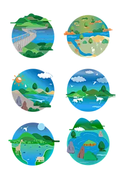 AI扁平手绘湿地保护区森林河流元素插画-众图网