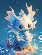This may contain: a little white dragon sitting on top of a rock in the ocean with bubbles around it