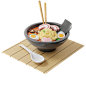 Japanese Ramen soup in a round plate on a bamboo mat 3D Illustration