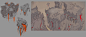 Hell Environment Concepts, Baldi Konijn : A bunch of drawings and overpaints for various environmental stuff of hell. 

Most of the game takes place in Hell so it was important to understand what our version of Hell would look like. Luckily we have seen a