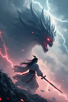 一位中国修真剑客在云层中与一只恶魔般的怪物进行激烈的战斗，闪电划破天空; 超写实; 质量\(8千,极其精细的CG单元壁纸, 高分辨率, top-质量, top-质量 real texture skin, 超逼真的, 提高分辨率, 未经处理的照片, best 质量, 高度详细的, 壁纸, 黄金比例, 高饱和度写实, 鲜艳的色彩, 戏剧性照明, 有说服力的讲故事, atmospheric scenery, 迷人的视觉效果, 复杂的细节, 强烈的感情, 梦幻世界\),(动态角度:1.4)