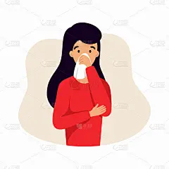 这个女孩患有流鼻涕和鼻子疾病。带有病毒或细菌感染症状的载体特征。