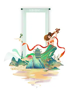绿色手绘国潮中国风敦煌元素  - 源文件下载【酷图网】绿色,国潮中国风,古风,敦煌人物,卷轴边框