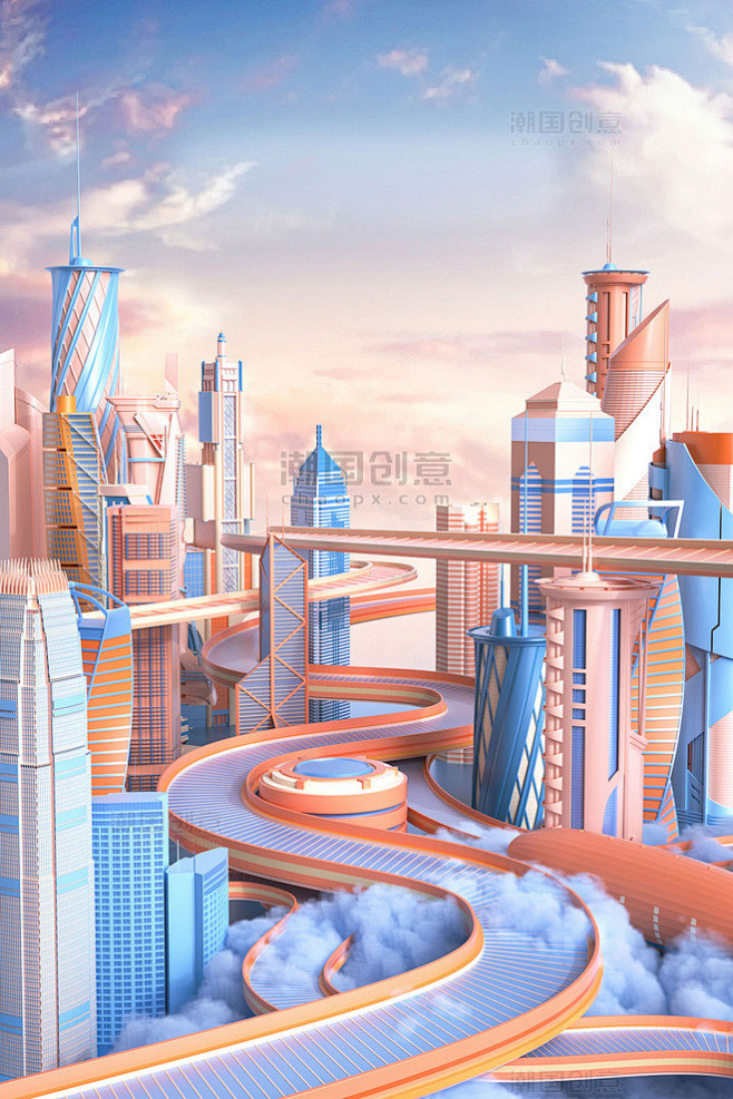 3D立体城市建筑电商促销场景图片_潮国创...