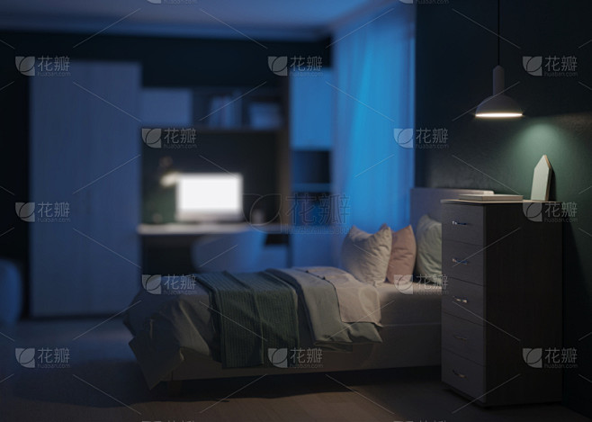高雅,青少年,卧室,三维图形,舒服,夜晚,照明设备,设计