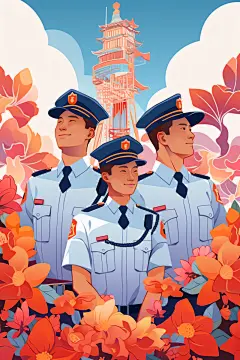 数字艺术五一劳动节各职业警察卡通人物插画
