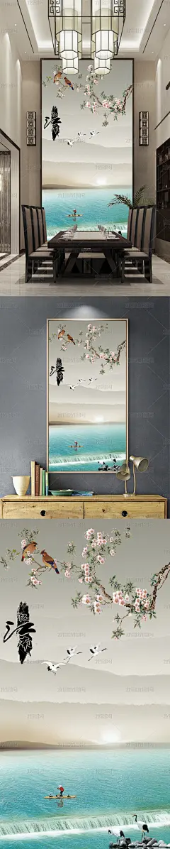 新中式忆江南手绘花鸟山水画玄关背景墙