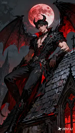 jimeng-2025-09-15-3233-动漫厚涂风，黑暗风插画。靠在哥特式屋顶旁边的恶魔形象成男，肌肉线条，背后有巨大的