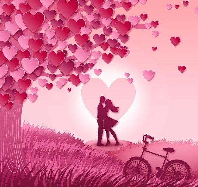 爱心树下的浪漫情侣矢量素材