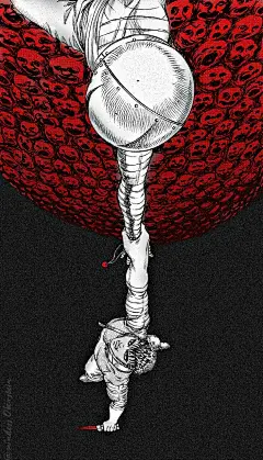 This may contain: a drawing of a man standing on top of a red ball with his arms stretched out