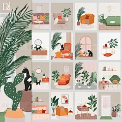 AI手绘舒适赤陶色家具植物家居装饰猫插画EPS矢量PNG设计图片素材-淘宝网