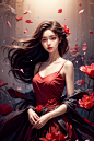 readread13read-3857871743-1girl, solo, flower, dress, petals, brown hair, long hair, bare shoulders, red flower, looking at viewer, holding, parted lips,
