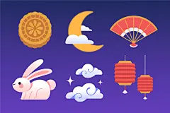 卡通扁平中秋节家人团聚月饼月亮赏月兔子嫦娥插画海报ai设计素材-淘宝网