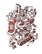 Mini Cities : isometric illustration in two color inks.