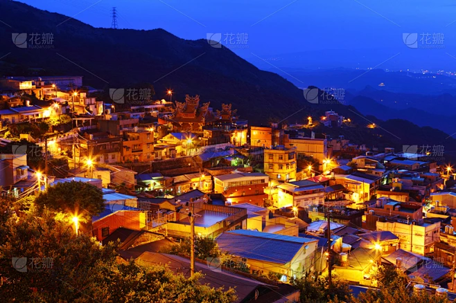 夜晚,乡村,沼,九份,水平画幅,山,黄昏,居住区,著名景点,照明设备素材-花瓣网