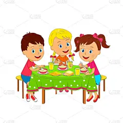 孩子们, 男孩和女孩坐在餐桌旁吃饭, 插画, 矢量