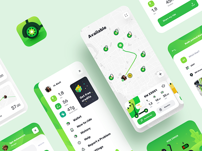 猕猴桃App Design for Rent Scooters自行车踏板车路线骑手出租地图ios插图Adobe Photoshop干净的图标 ...