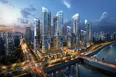 繁华城市高楼傍晚航拍摄影图