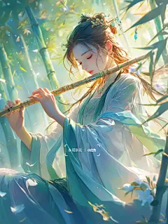 阳光透过翠绿的竹叶，洒下斑驳的光影，笛声悠悠，宛如天籁 #你和四月都是春天#假日citywalk #古风壁纸 #唯美古风 #素材 #美女 #人物 #ai #好看的女生头像 #壁纸 #唯美 #插画 #绝美 #吹笛 #笛子 #竹林 #绿色 #青色系 #蓝色系 - 小红书