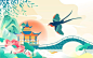 中国风西湖国潮风景插画矢量图设计素材