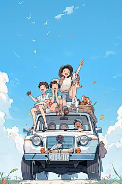 学生放暑假漫画风快乐插画