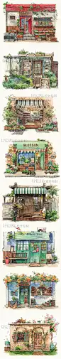 手绘淡彩色建筑景点 卡通房屋奶茶门店 绘画参考速写临摹水彩素材-淘宝网