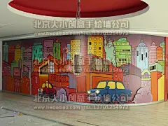 活泼可爱的卡通街道景观手绘墙壁画，能使空间环境变得轻松而有趣。这种有创意的墙体彩绘的适用范围也很广，包括办公室手绘墙、文化墙壁画、幼儿园墙绘、校园手绘墙、餐厅手绘墙、商场手绘墙等，都可应用。
大小手绘，您身边的墙绘壁画专家！更多墙体彩绘详情请点击&gt;大小手绘墙绘创意 &gt;&gt; http://www.hwdaxiao.com