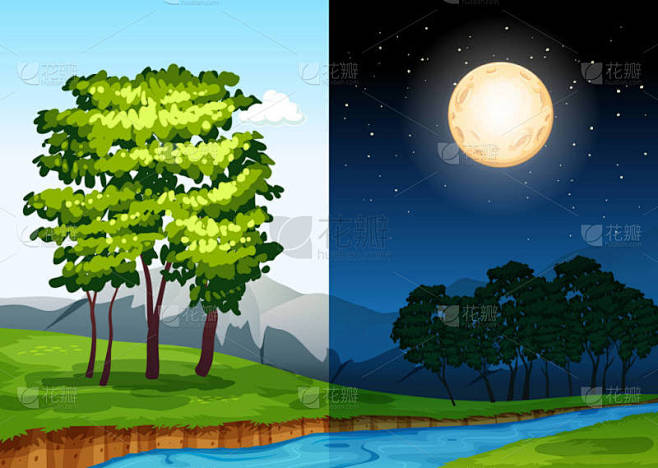 白天和黑夜场景插图集