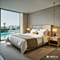bed room, with a  swiming pool view