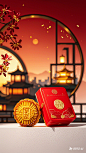 在这幅构图中，一块精致的月饼礼盒置于白色窗台上，窗外是古代黄色灯光的城市，红色弥散背景，纯粹单一色调完美衬托出主角的华贵。前景桂花，月饼表面雕琢着细腻的金银纹样，宛如微缩的艺术品，在精心调控的柔和灯光