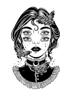 可爱的维多利亚女巫，有蝴蝶和四只眼睛的图形插图。黑暗艺术