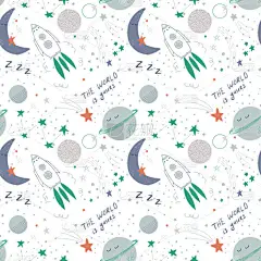 可爱的婴儿空间矢量无缝模式与恒星，火箭和行星。用简单手绘斯堪的纳维亚风格的矢量图解。用于装饰托儿所、