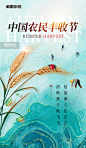 中国农民丰收节秋季丰收日国潮小麦蓝色收获麦穗海报图片_潮国创意