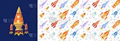 套卡和无缝图案卡通轮廓宇宙飞船和飞碟飞行对角向上。宇宙飞船启动大纲。矢量幼稚海报和纹理