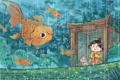 卡通水彩雨水节气古风唐朝女子和鱼治愈儿童插画图片素材下载 - 觅知网