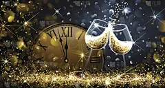 12点整,新年前夕,倒计时,水晶玻璃器皿,午夜,分针,香槟杯,贺卡,新的,水平画幅