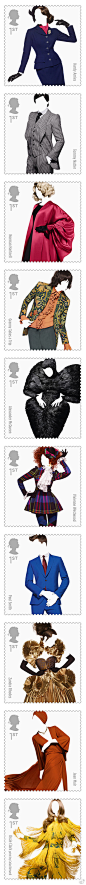 【创意！英国时尚邮票系列】这是英国皇家邮政联手设计师Johnson Banks和摄 影师Solve Sundsbo推出的一套时尚系列的邮票，选取了10位英国时尚界大师的经典之作，展现了英国60年来的时尚变迁史。设计者非常巧妙地将人们目光吸引到服装本身，而非模特。@Iamkikidong