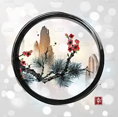 松树的树枝，红色樱花盛开的樱桃树和高山在黑色的恩索禅宗圈在白色发光的背景。包含象形文字-幸福。