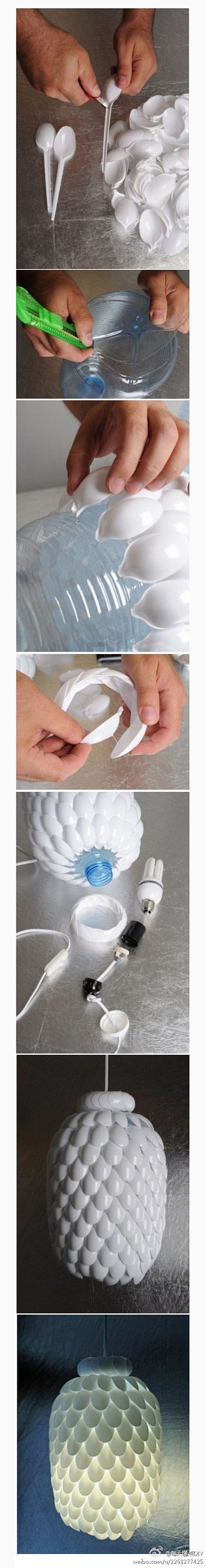 吊灯~用1堆白色塑料勺子+1个大号矿泉水...