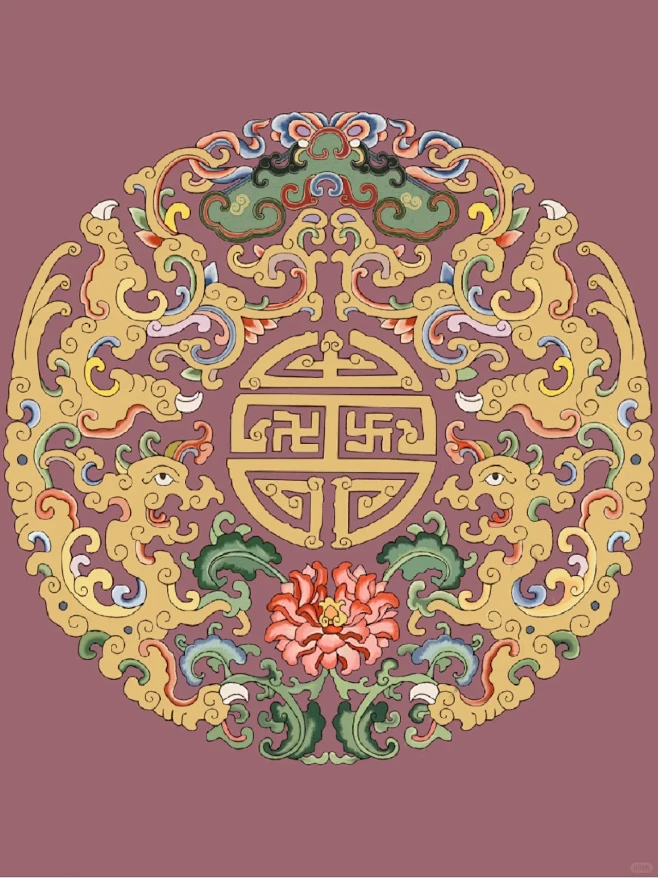 万寿花卉夔龙 团花纹样复原-花瓣网