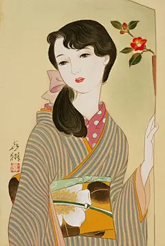 佃喜翔 插画古风作品 擅长绢本着色日本画技画法，描绘细腻抒情的柔美女性 复古和服女人