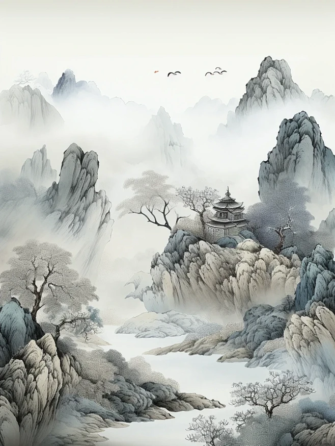 AI绘画｜水墨山水图（附关键词）-花瓣网