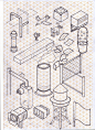 Chaos Sketch : Sketches on a isometric reticle paper! Dont like the lines when im drawin, but in this case the paper helped too much, without the lines would be impossible. I was 2 months just thinking about things you can find in a city, and trying to dr