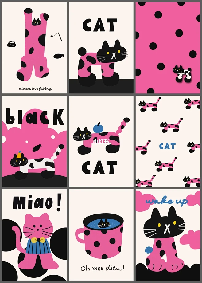 小猫爱钓鱼｜多巴胺小猫卡通图案设计