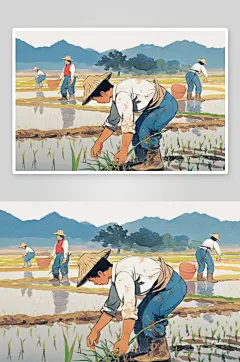 AI复古农民插秧春耕农忙种田插画
