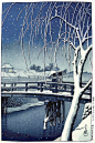 ‘Evening Snow at Edo River’ 1932 woodblock print by Hasui Kawase    Hasui Kawase (1883 – 1957). Prominent Japanese painter of the late 19th and early 20th centuries, and one of the chief printmakers in the shin hanga ("new prints") movement.