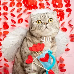 猫丘比特，天使，在粉红色的背景上有弓和箭。