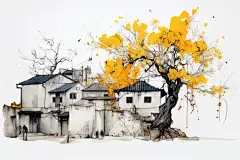 水墨徽派建筑绘画图片