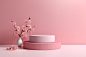 pink podium and cherry blossom background for product presentation. 3d rendering illustration. pink, background, platform, cosmetic, minimal, product, display, modern, cylinder, floor, blossom, studio, template, floral, render