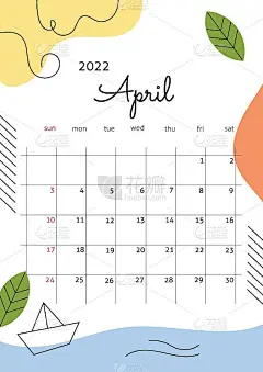 页面上有2022年4月的抽象元素，纸船，树叶。垂直季节海报在一个简单可爱的风格与冬季元素。矢量插图在